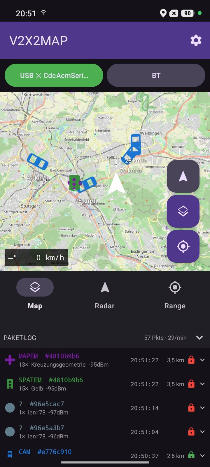 V2X2MAP Android app — live map showing vehicles, traffic-light phases and intersection geometry