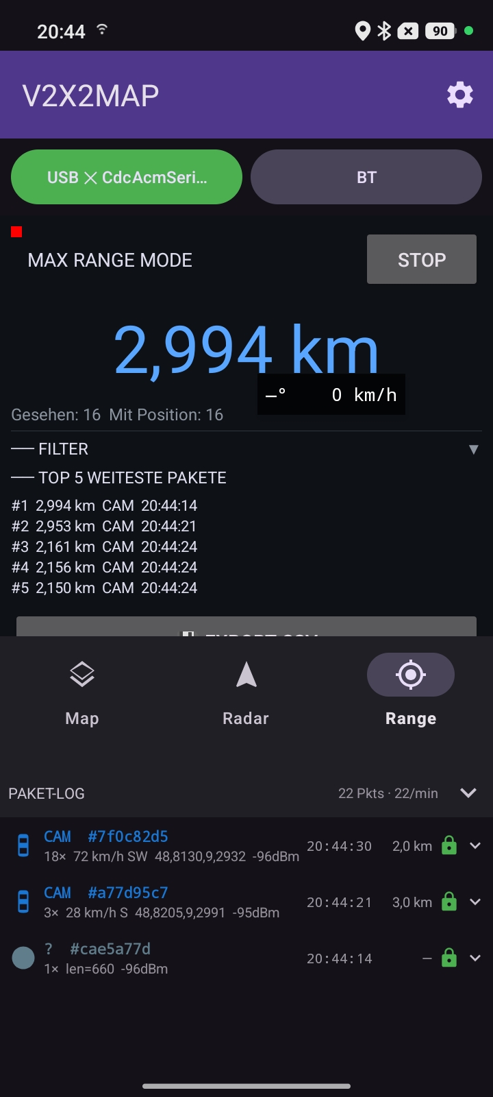 V2X2MAP Android app — max-range mode tracking the furthest ITS-G5 packet