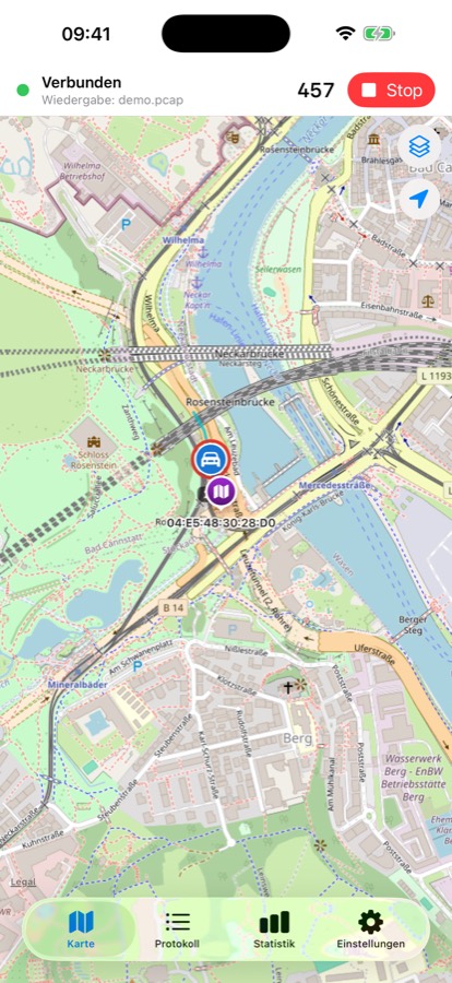 V2X2MAP iOS app — live map with a vehicle (braking indicator) and a roadside unit