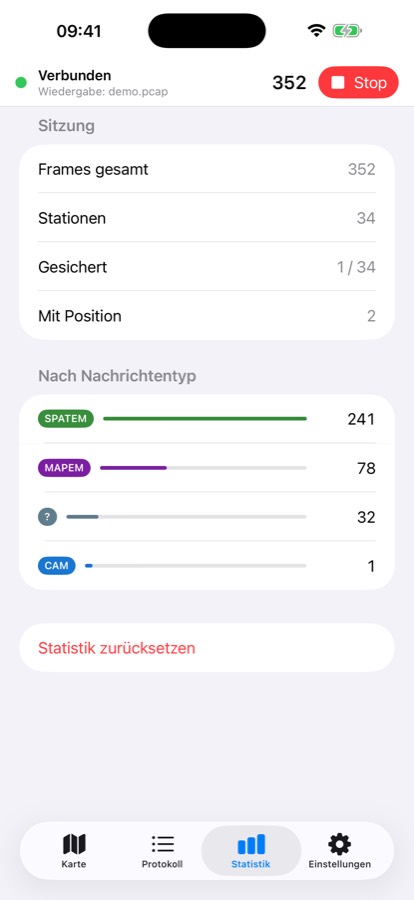 V2X2MAP iOS app — statistics of received message types